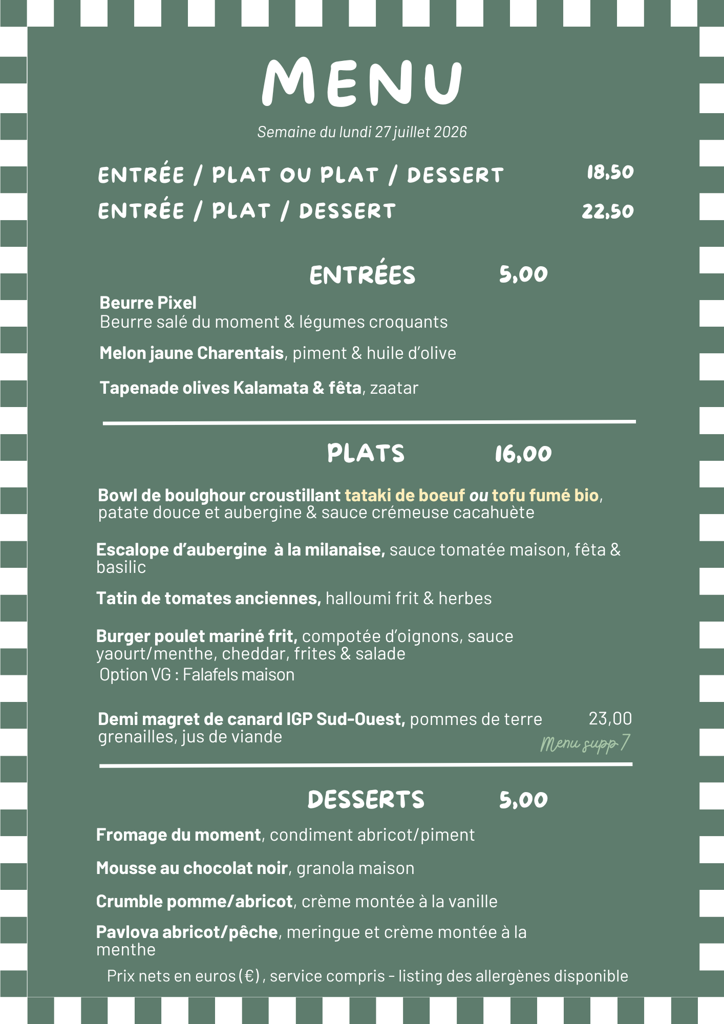 Menu de la semaine du lundi 27 juillet 2026